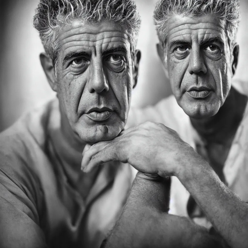 Image similar to portrait of Anthony Bourdain by Yousuf Karsh, 50mm, pentax, film