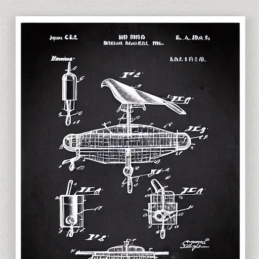 Image similar to a patent drawing of mechanical bird robots, birds of all kinds, infographic, intricate drawing, 1960s advertising, watercolour, ink drawing, patent drawing, wireframe, technical and mechanical details, descriptions, explosion drawing, CAD
