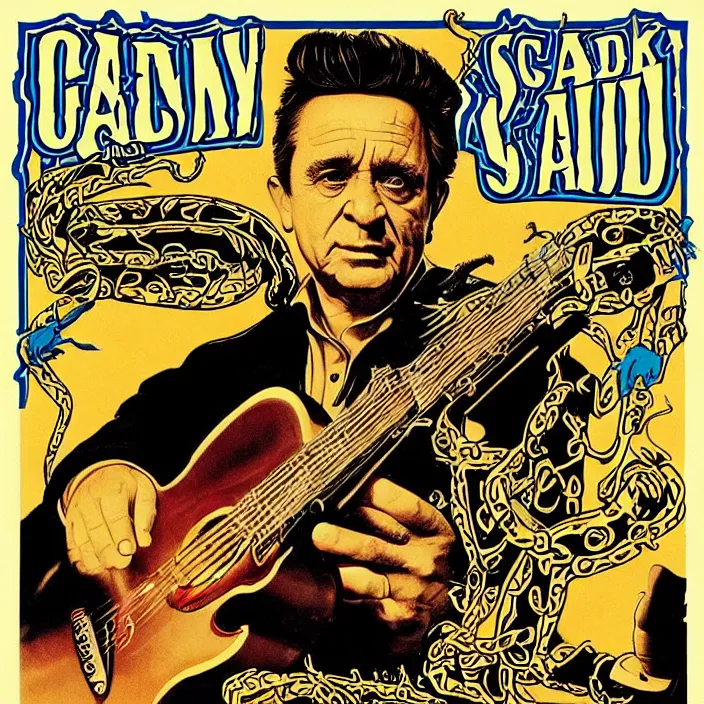 Image similar to album cover for the Johnny Cash and Snake Oil colab record. Snake oil, quackery, folk medicine, scamming, beautiful album cover with no text, album art by Jack Kirby, snake oil