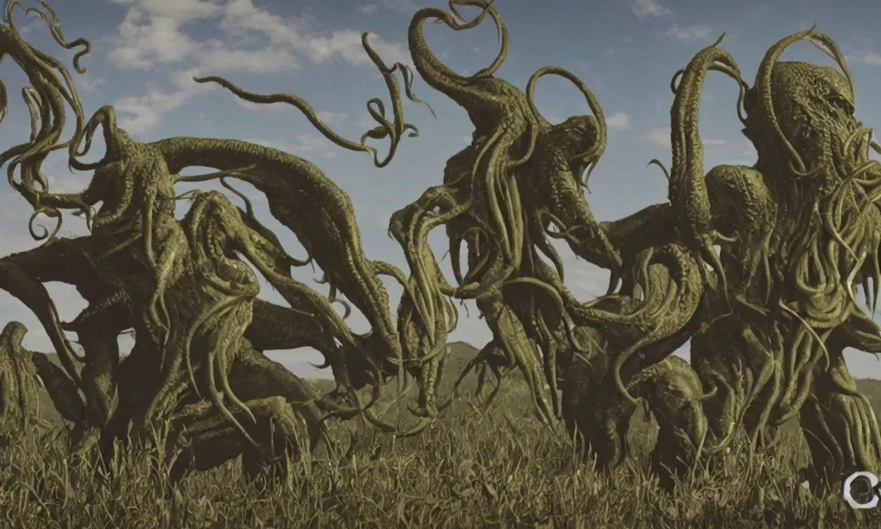 Prompt: cthulhu dancing with an engineer in a farm, cinematic shot