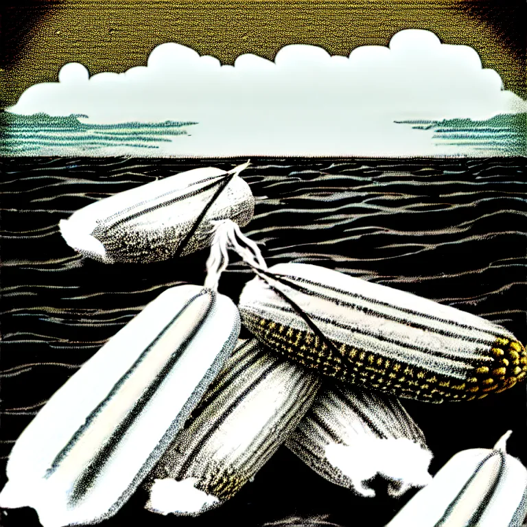 Prompt: corn floating in ocean, waves, vintage coutry style, monochromatic, detailed
