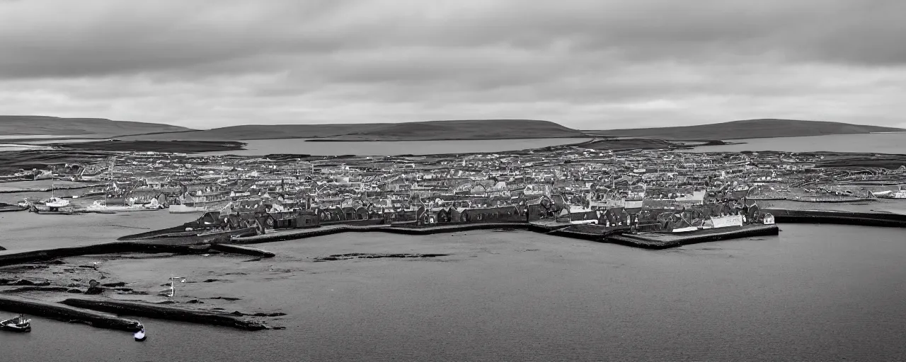 Prompt: the harbour at Stromness orkney, from The Lighthouse (2019), cinematic,