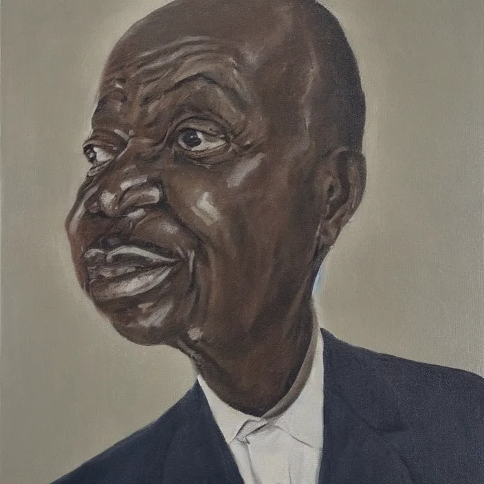 Image similar to a painting of a fatherly, aquiline nose, wide forehead, round face, XXL , loving, caring, generous, ever-present, humble, wise elder from Kenya with a friendly expression in a suit by Lynette Yiadom-Boakye . Fatherly/daddy, focused, loving, leader, relaxed,. ethereal lights, details, smooth, sharp focus, illustration, realistic, cinematic, artstation, award winning, rgb , unreal engine, octane render, cinematic light, macro, depth of field, blur, red light and clouds from the back, highly detailed epic cinematic concept art CG render made in Maya, Blender and Photoshop, octane render, excellent composition, dynamic dramatic cinematic lighting, aesthetic, very inspirational, arthouse.