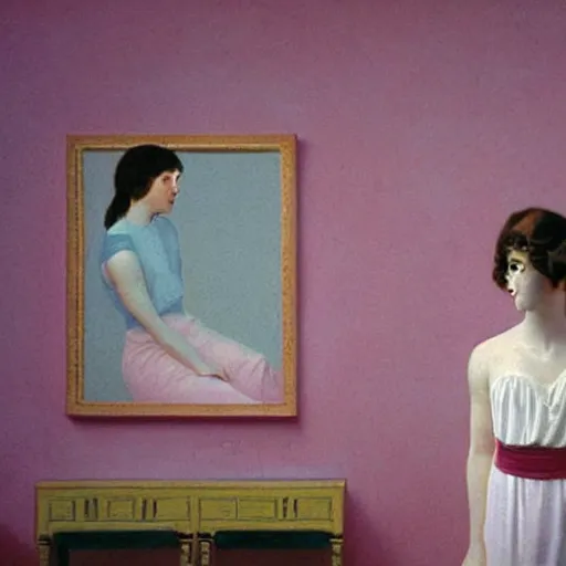 Image similar to close - up of a girl in a soviet room, film still by wes anderson, depicted by canova, limited color palette, very intricate, art nouveau, highly detailed, lights by hopper, soft pastel colors, minimalist