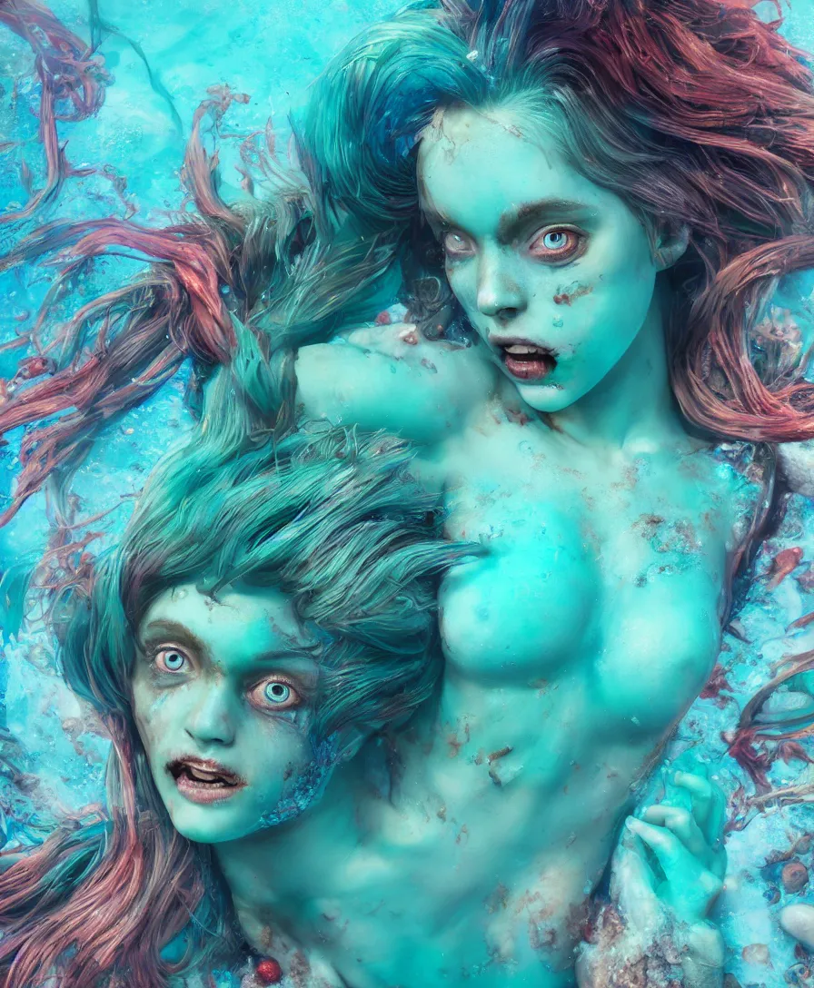 Prompt: cute portrait zombie mermaid, underwater, turquoise water, cinematic view, ultra realistic, vibrant colors, detailed, cinematic, photorealism, epic, octane render