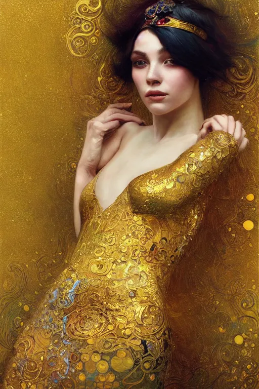 Image similar to an intricate painting of a beautiful young lady with an artistic sensual pose with klimt golden motives and textures, hyper detailed, ornamental gold headpiece, octane render, vivid colors, artstation, by jeremy mann, by alphonse mucha, by boris vallejo