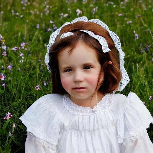 Image similar to beautiful pioneer girl in a meadow, white lacy dress and bonnet, portrait