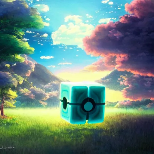 Prompt: beautiful painting of companion cube in a beautiful landscape, anime, studio ghibli, makoto shinkai, rhads, radiant light, detailed and intricate environment