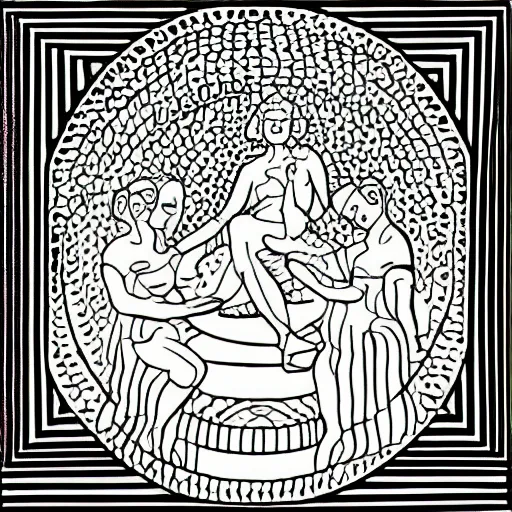 Prompt: digital art, coloring - in sheet by josef albers harrowing. the sculpture shows venus seated on a crescent moon. she is surrounded by the goddesses ceres & bacchus, who are both holding cornucopias.