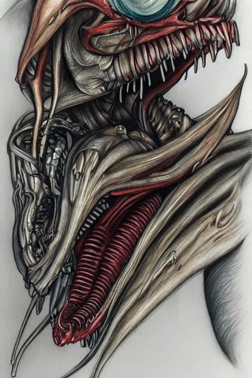 Image similar to a realistic color drawing of an angry xenomorph, portrait, aaron horkey