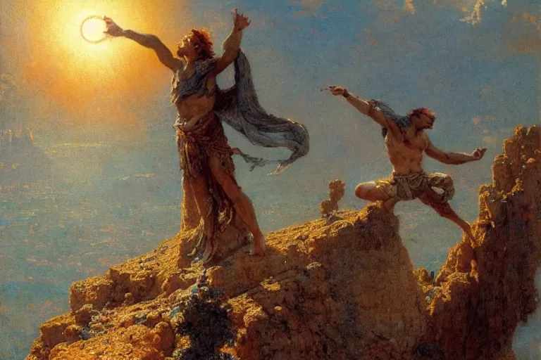 Prompt: illustration of a mythical hero standing at the top of a mountain lifting the sun over his head, holding it up to shine over the world. art by gaston bussiere.