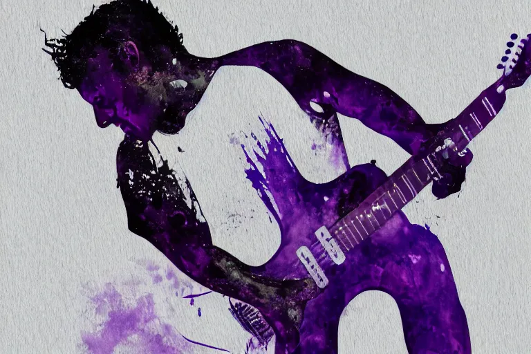 Image similar to dripping purple faded paint across the shape of a male human playing guitar, realistic, high detail, on a white damage background