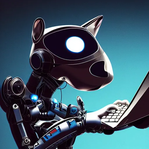 Image similar to a metallic robotic cyborg cat eating!!! a computer mouse, cyberpunk, digital art, 8 k, trending on artstation