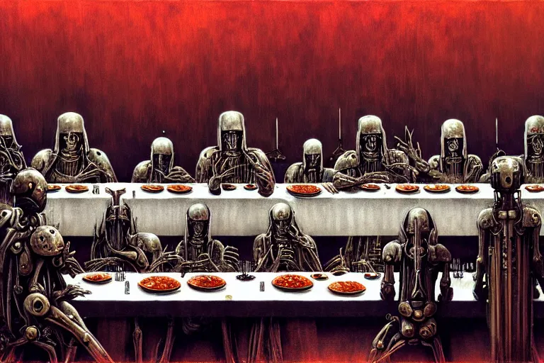 Prompt: painting of tech priests dining at the last supper, adeptus mechanicus!, cybernetic enhancements attached to their bodies, praise the omnissaiah, zdzislaw beksinski, lewis jones, mattias adolfsson, warhammer 4 0 k!!, cold hue's, warm tone gradient background, concept art, digital painting