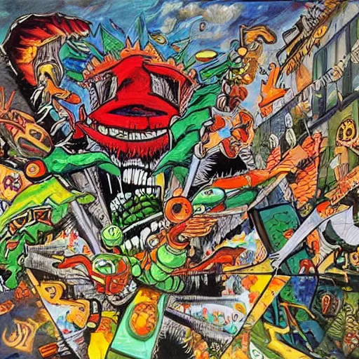 Image similar to a painting kevin eastman did when he was deeply schizophrenic