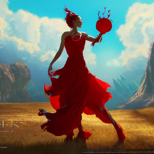 Image similar to goddes of the sun, beautiful, stunning, red golden dress, whirling with power in the sky, unreal engine, concept art, photorealistic, cinematic, james jean, akira, satochi con