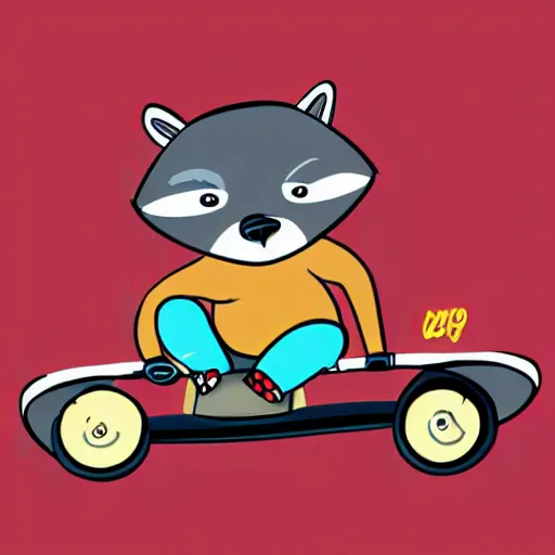 Prompt: cartoon illustration of a raccoon riding a skateboard