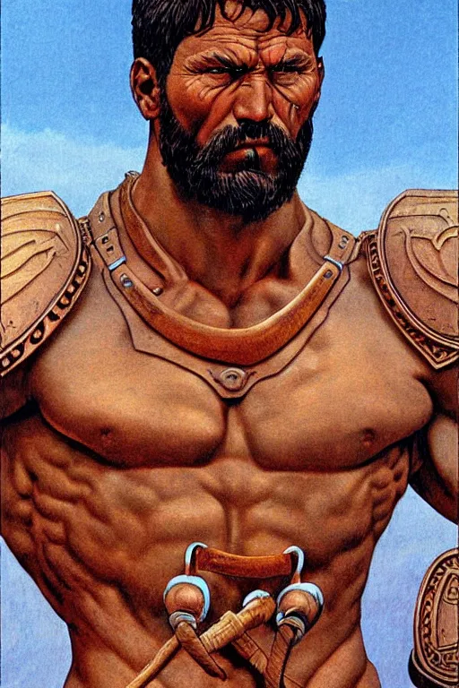 Prompt: Gladiator, muscular, detailed face, correct face, painting by Moebius