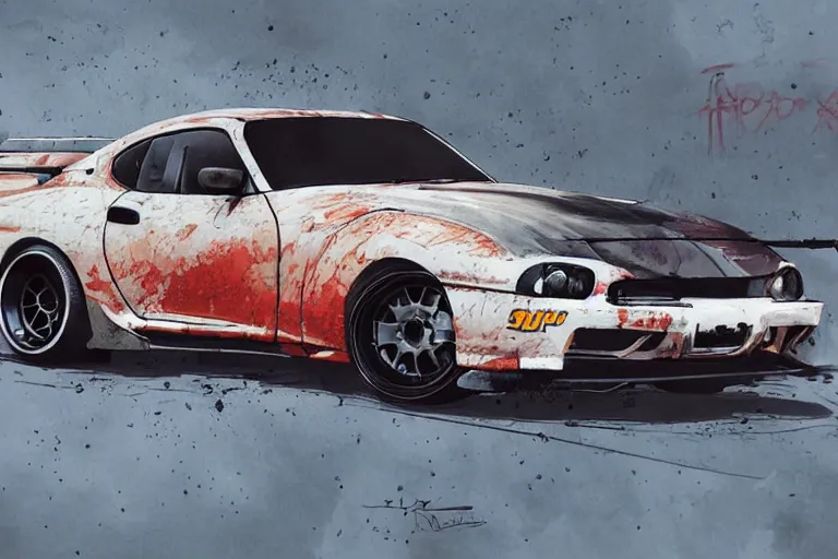 Prompt: digital illustration of mad max's toyota supra pursuit special, by makoto shinkai, ilya kuvshinov, lois van baarle, rossdraws, basquiat