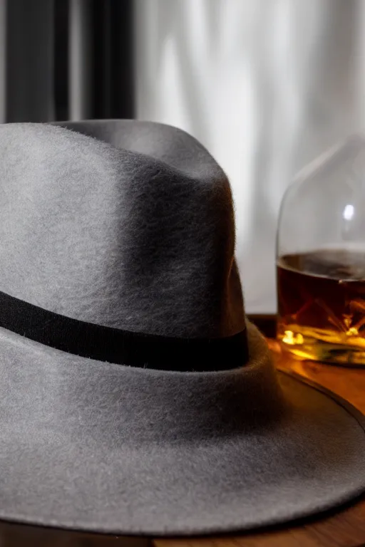 Prompt: photo of a grey fur felt fedora with black band sitting on a dark wood bar bar next to a rocks glass with some whiskey in it, next to a window, smoky shafts of light, ultra realistic, 8 k