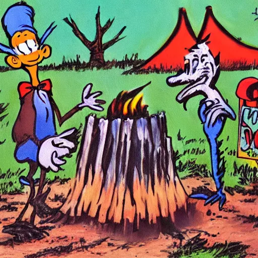 Prompt: painting of a campsite by dr seuss | horror themed | creepy