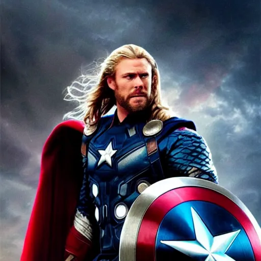Image similar to Thor use his hammer and smash captain America shield , cinematic, dramatic, FX , hyper real