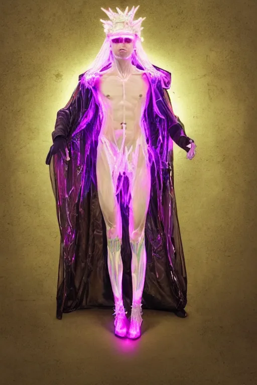 Prompt: full-body photo rococo and cyberpunk delicate neon crystalline sculpture of ((muscular slender albino Italian Prince)) as a dark iridescent humanoid deity wearing a thin see-through ((plastic hooded cloak)) sim roupa (holding a human skull), reclining con (((las piernas abiertas))), glowing pink face, crown of (white lasers), large diamonds, swirling black silk fabric. futuristic elements. oozing glowing liquid, full-length view. space robots. intricate artwork by caravaggio. Trending on artstation, octane render, cinematic lighting from the right, hyper realism, photo realistic, octane render, 8k, depth of field, 3D