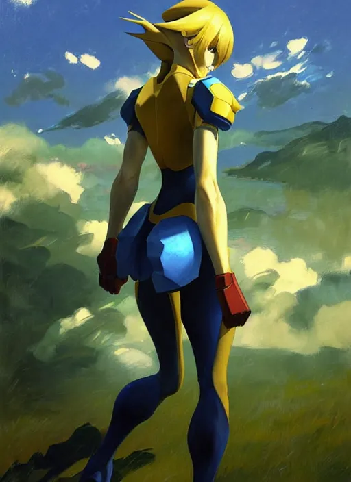 Image similar to Makoto Shinkai painting of Samus from Metroid Prime, countryside, calm, fantasy character portrait, dynamic pose, above view, sunny day, thunder clouds in the sky, artwork by Jeremy Lipkin and Giuseppe Dangelico Pino and Michael Garmash and Rob Rey, very coherent asymmetrical artwork, sharp edges, perfect face, simple form, 100mm