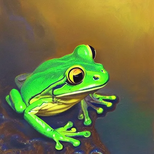 Image similar to frog looking down at his next victems, vivid colors, soft lighting, atmospheric, cinematic, moody, oil on canvas, 8 k