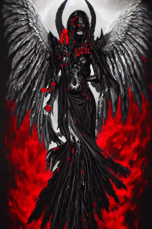 Image similar to painting of an ominous bright black and red angel of death with many skulls in dark clouds, full-body portrait, highly detailed, ornate and elegant, fantasy, traditional art, gothic, abstract art, surrealism, concept art, on artstation