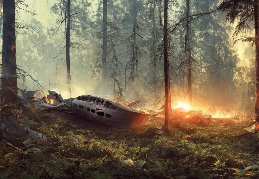 Prompt: wreckage of a crashed spaceship into a clearing in a forest, fire and smoke. Soft lighting, adventurous, atmospheric lighting, 8K, octane render. By Makoto Shinkai, Stanley Artgerm Lau, WLOP, Rossdraws, James Jean, Andrei Riabovitchev, Marc Simonetti, krenz cushart, Sakimichan, D&D trending on ArtStation, digital art.