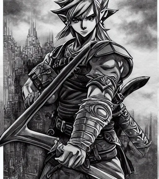 Prompt: portrait link from the legend of zelda by yusuke murata and masakazu katsura, detailed face, holding a sword in one hand and a shield at the other, artstation, highly - detailed, cgsociety, pencile and ink, city in the background, dark colors, intricate details