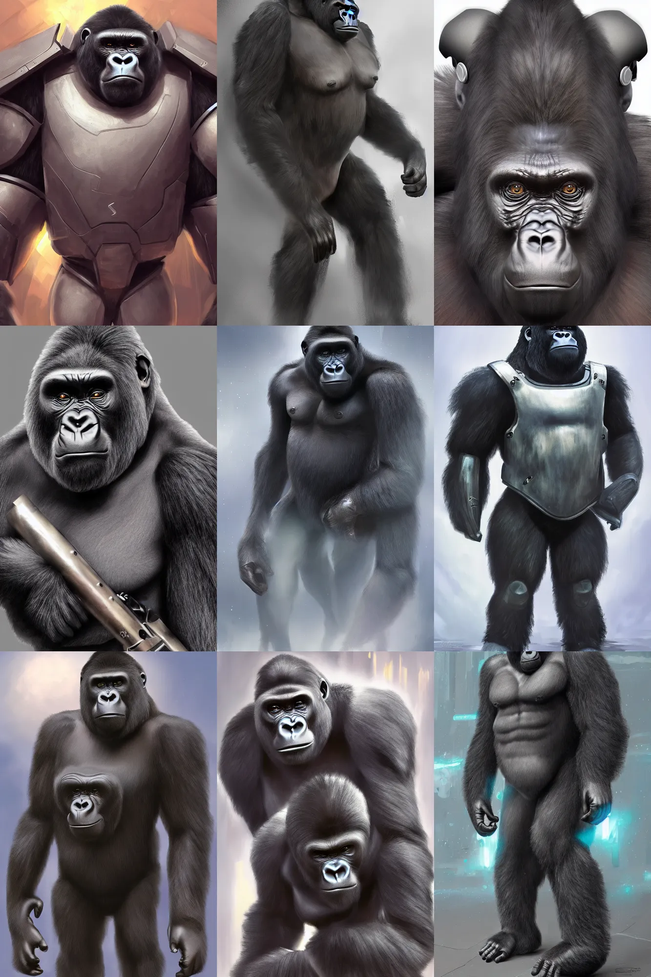 Prompt: digital painting of a gorilla wearing heavy futuristic armor, very detailed, sci - fi, artstation, concept art, 8 k, high quality
