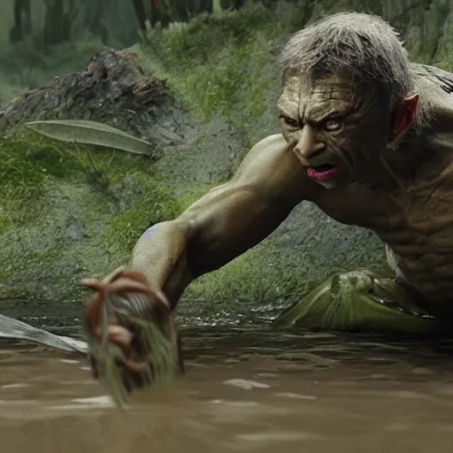 Prompt: Zelenskiy fights gollum on swamp, thunderstorn, realistic , 8k,