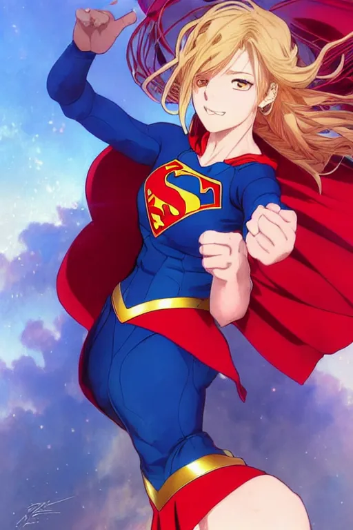 Image similar to anime key visual of a beautiful female supergirl!! intricate, red, blue gold suit, powers, speed, dc comics, cinematic, stunning, highly detailed, digital painting, artstation, smooth, hard focus, illustration, art by artgerm and greg rutkowski and alphonse mucha