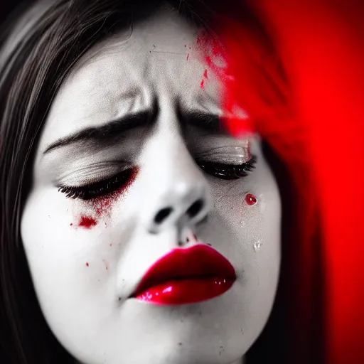 Prompt: close - up of a woman looking up and crying blood, 4 k, photography, highly detailed