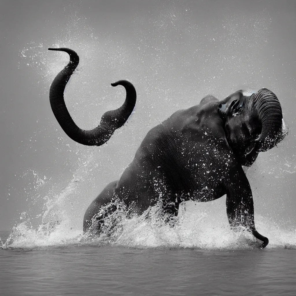 Image similar to “a black and white photo of a single elephant splashing water by Maties Palau Ferré, featured on flickr, arabesque, national geographic photo, ilford hp5, majestic”