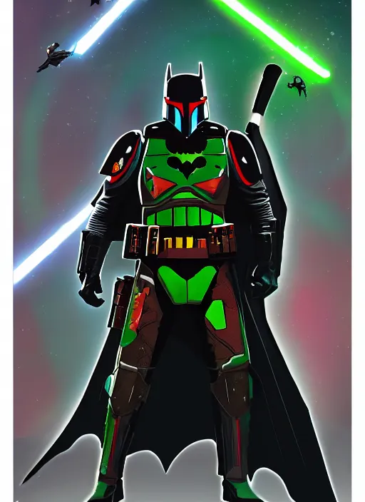 Image similar to batman x boba fett, digital art, character mashup, epic lighting, combination art