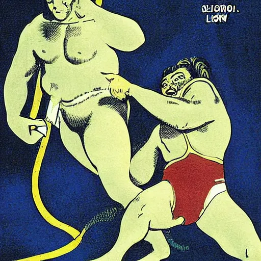 Image similar to Samson wrestling the lion, pulp science fiction illustration