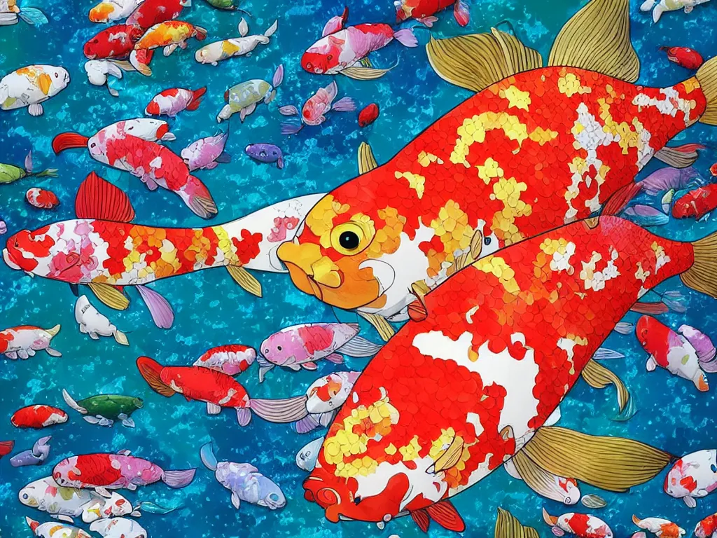 Image similar to colorful koi carp collage illustration, digital painting, highly detailed, intricate, elegant, artstation, concept art, colorful, beautiful, studio ghibli, aoshima chiho, takashi murakami, manga, cute and adorable