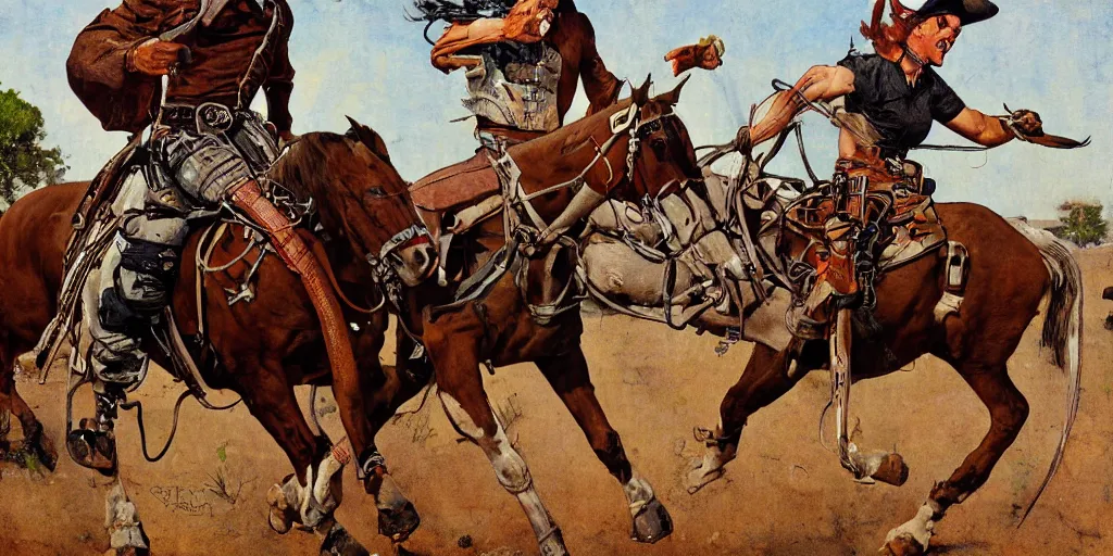 Prompt: Cyborg riding a horse in the wild west street. Norman Rockwell style. Ultra-high details.