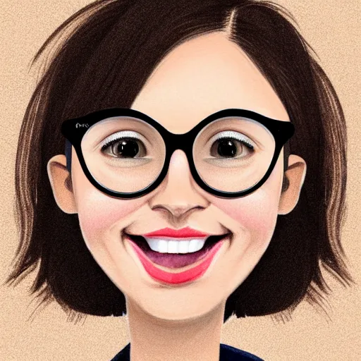 Prompt: round face brunette woman with messy hair in a short bob, big forehead, round face, big cheeks, large glasses, romanian heritage, brown almond-shaped eyes, smile, olive skin, round nose, protruding chin, wide face, thin lips, wide mouth, no bangs, digital art, painterly, cartoon, cute, 8k, illustration, art by loish, painterly, trending on artstation, medium shot, uncropped