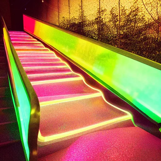 Image similar to a colour Polaroid photo of a side profile free standing illuminated escalator with iridescent Perspex panels in a field, nostalgic