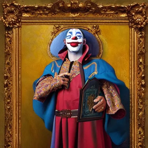 Prompt: “ an oil painting portrait of a clown wearing medieval royal robe and an ornate crown on a colorful background ” digital art, concept art, highly detailed, 3 - d 4 k, trending on art station, award winning, mark brooks,