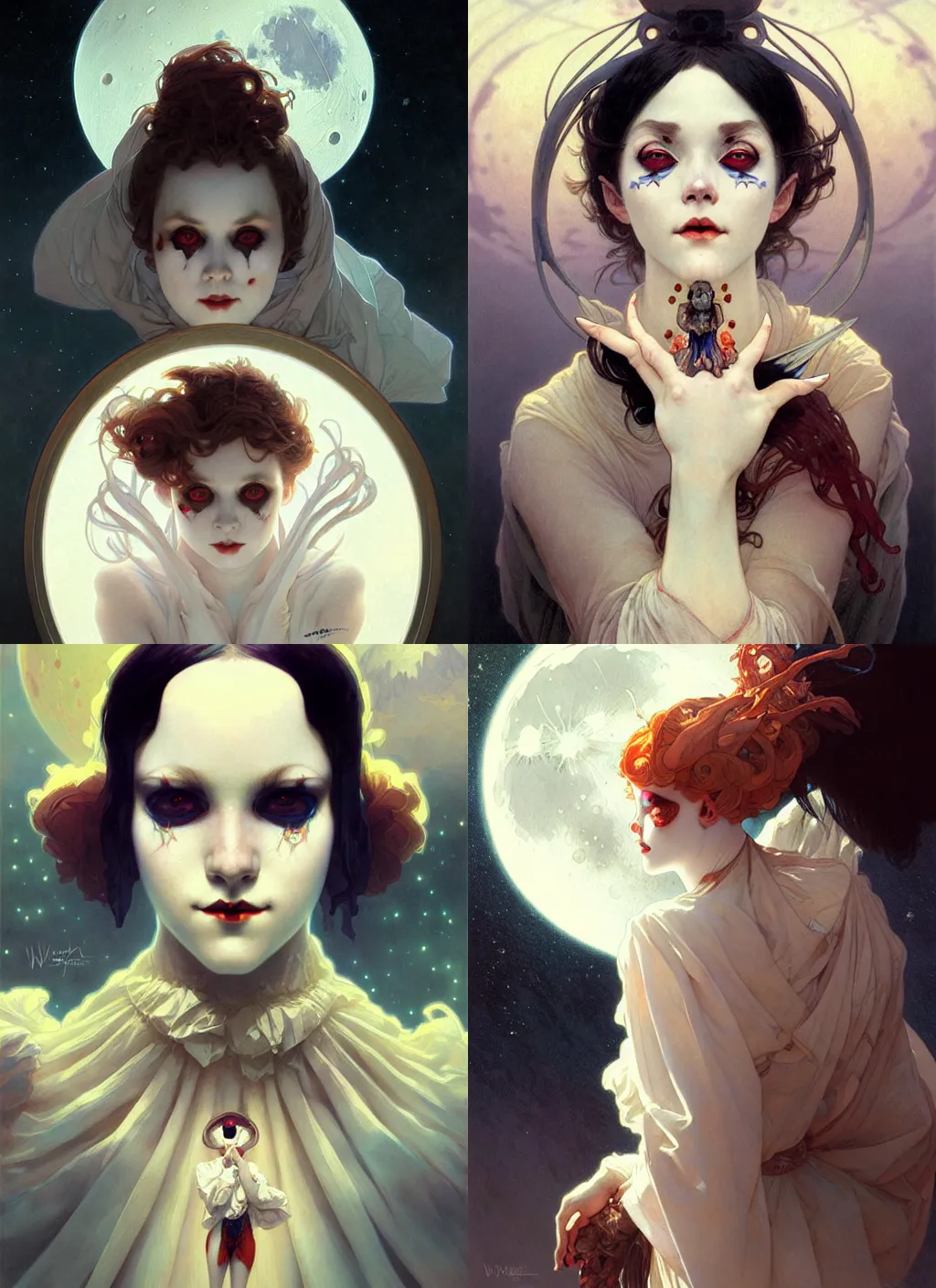 Prompt: a beautiful portrait of an evil pierrot on the moon, intricate, sharp focus, illustration, highly detailed, digital painting, concept art, matte, art by wlop and artgerm and greg rutkowski and alphonse mucha, masterpiece