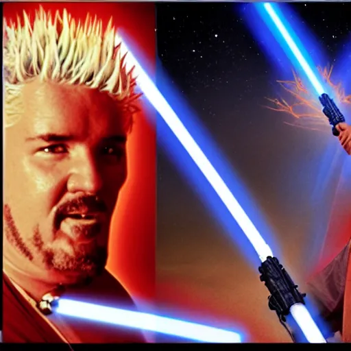 Prompt: Guy Fieri in Star Wars, Jedi Knight, blue light saber, desaturated!, cinematic, cinestill 400t film, 35mm lens, by Stanly Kubrick, ultra high quality