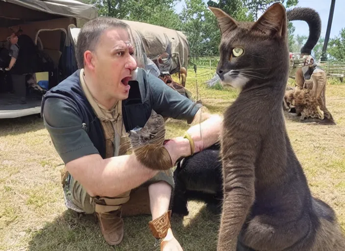 Image similar to A demonstration of how to properly pet a Khajiit caravanner right between their two perked ears to earn an expression of bemusement.