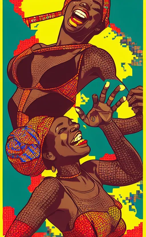 Image similar to mama africa laugh at her child!!! pop art, pixel, bioshock, gta chinatown, artgerm, richard hamilton, mimmo rottela, julian opie, aya takano, hyperdetailed, intricate