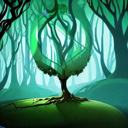 Image similar to a tree of the magical world, green tones, animated film, stylised, illustration,, fantasy art, 2 d game art, by eyvind earle, scott wills, genndy tartakovski, roman shipunov, etienne hebinger, atey ghailan, cgsociety, cynical realism