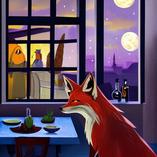 Image similar to humanoid fox detective in an evil restaurant. dark, moonlight through window. fine art, masterpiece painting, 4 k